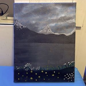 Painting on canvas. Colors: grey,black,yellow,brown,white,green,blue